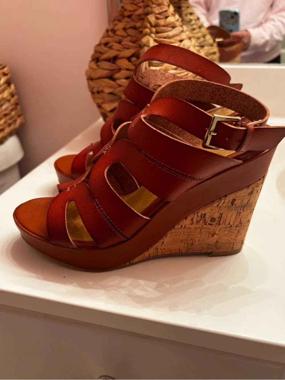 Material Girl Cognac Wedge Sandals with Cork Platform